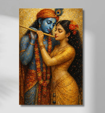 Romantic Radha Krishna Painting on Canvas | Golden Divine Moment with Flute & Floral Garland | Beautiful Radha Krishna Painting
