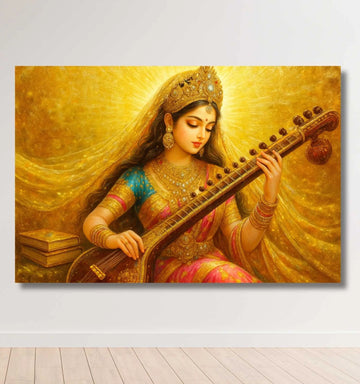 KUNJ CART- Modern Saraswati Painting | Goddess Saraswati Devi Playing Veena on Golden Canvas