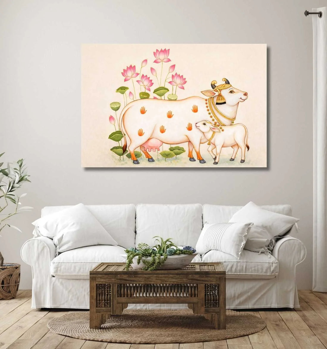 Sale KUNJ CART Kamdhenu Cow Painting Vastu with Calf & Lotus Flowers | Kamdhenu Cow Painting | Cow Painting for Wall Decoration