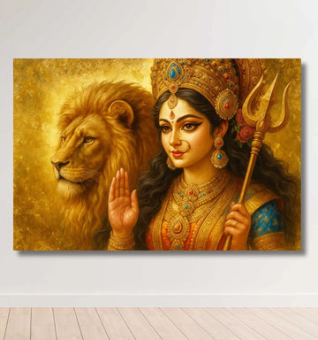 Maa Durga Painting on Premium Canvas | Maa Durga Canvas Painting with Lion & Trishul | Abstract Durga Maa Painting Wall Art for Home Decor