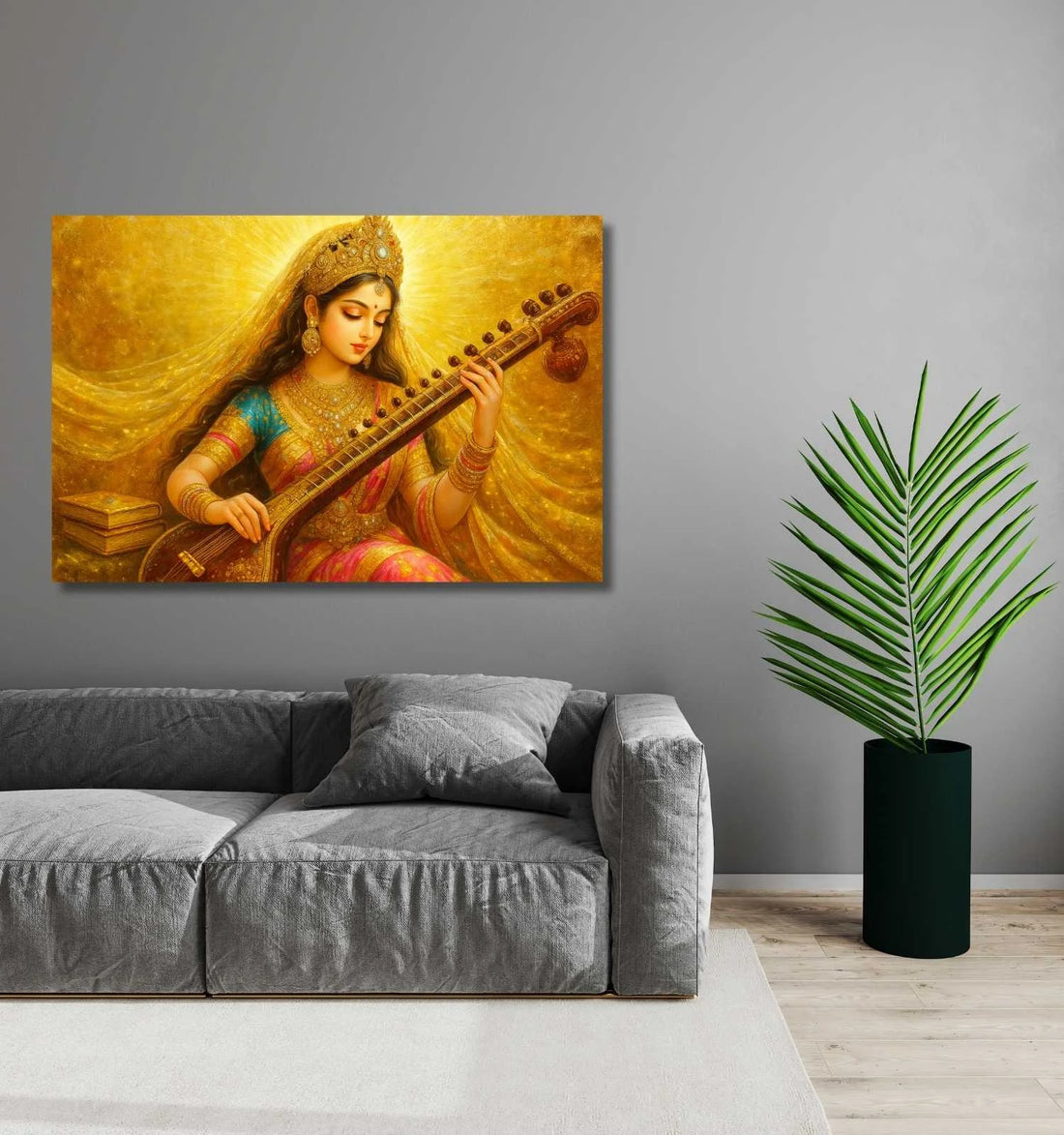 KUNJ CART- Modern Saraswati Painting | Goddess Saraswati Devi Playing Veena on Golden Canvas