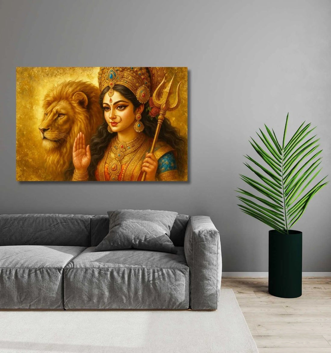 Maa Durga Painting on Premium Canvas | Maa Durga Canvas Painting with Lion & Trishul | Abstract Durga Maa Painting Wall Art for Home Decor
