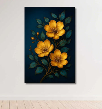Golden Yellow Flower Painting For Living Room | Blue Leaves & Dark Background For Wall Decoration
