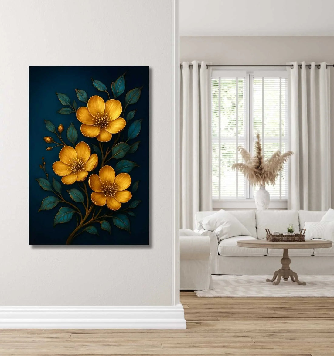 Golden Yellow Flower Painting For Living Room | Blue Leaves & Dark Background For Wall Decoration
