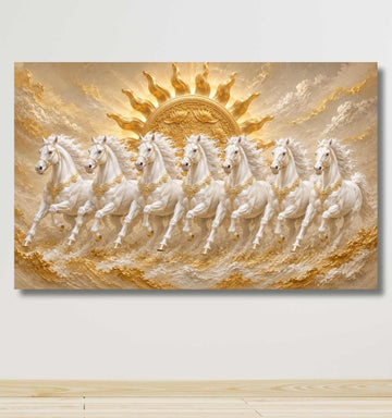 KunjCart Running Horse Painting, 7 Horse Painting With Frame For Vastu, White Horses Canvas Art For Home Decor