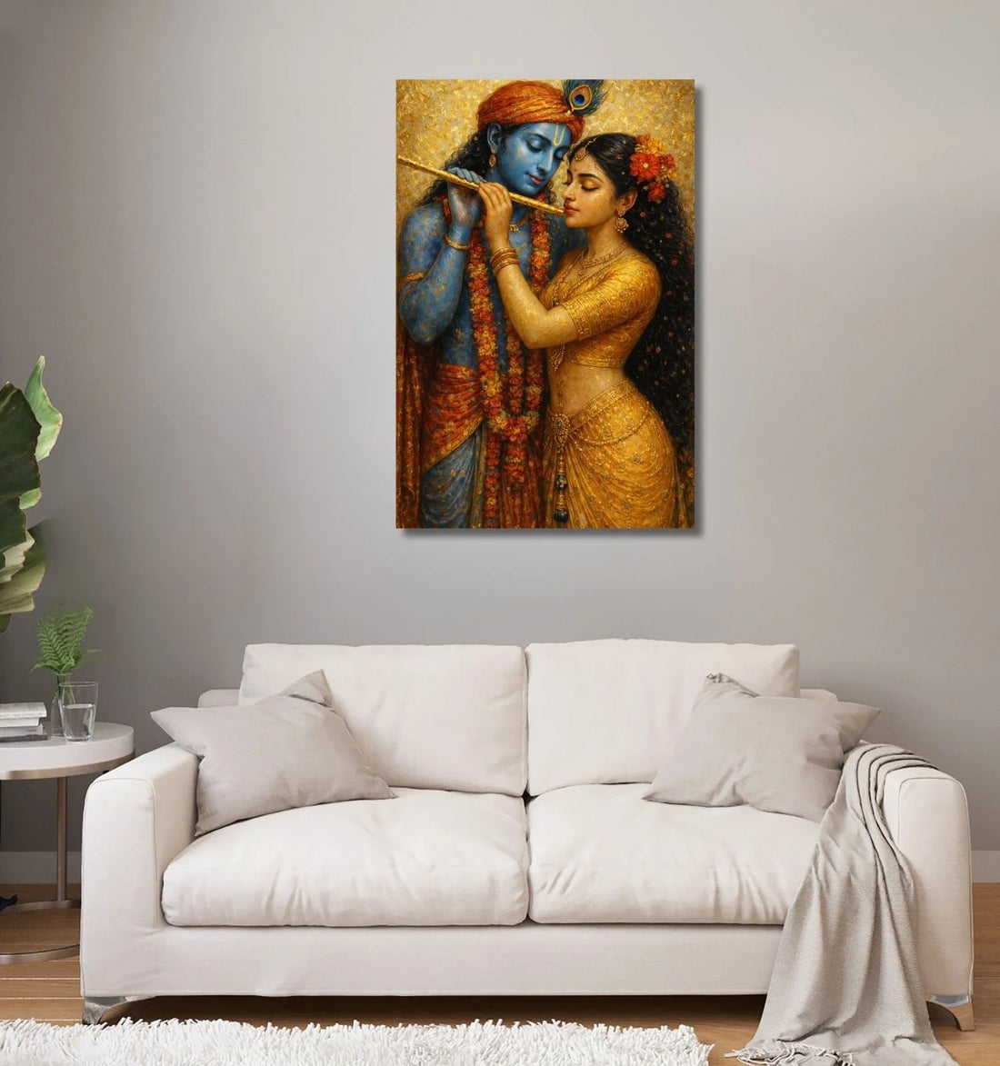 Romantic Radha Krishna Painting on Canvas | Golden Divine Moment with Flute & Floral Garland | Beautiful Radha Krishna Painting