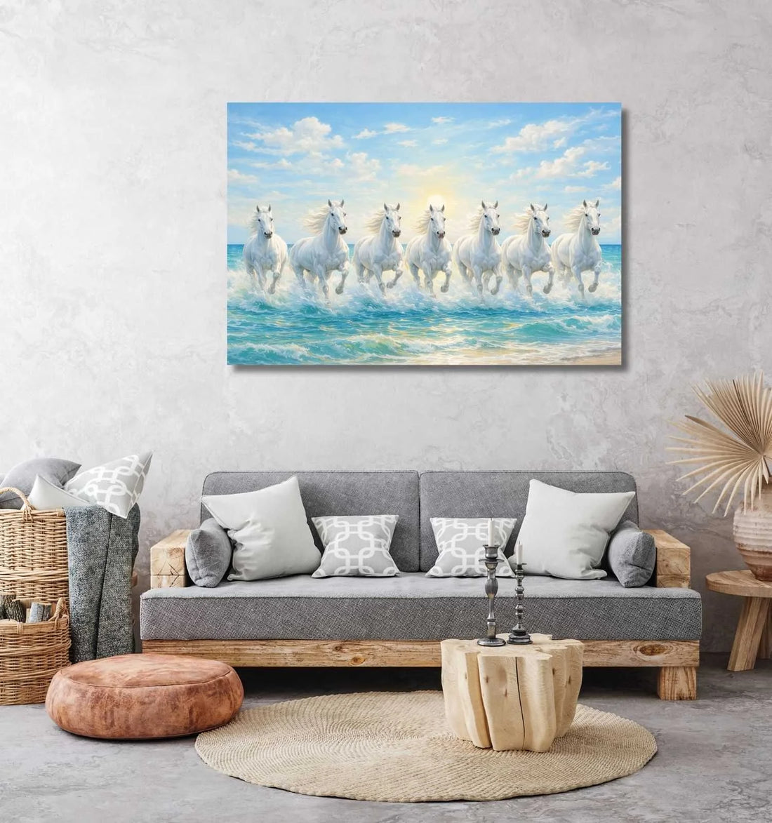 KunjCart White 7 Running Horses Painting with Ocean Waves & Shining Sunrise Sky, 7 Horses Vastu Painting Canvas Wall Art