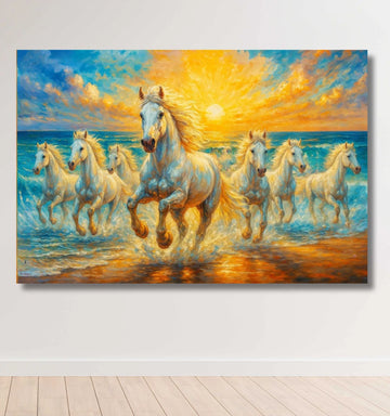KunjCart 7 Horses Painting with Rising Sun & Ocean Waves – Premium 380 GSM HD Canvas | 7 Horse Canvas Painting for Vastu, Home & Office Wall Décor | 7 Running Horse Painting for Positivity, Speed & Success