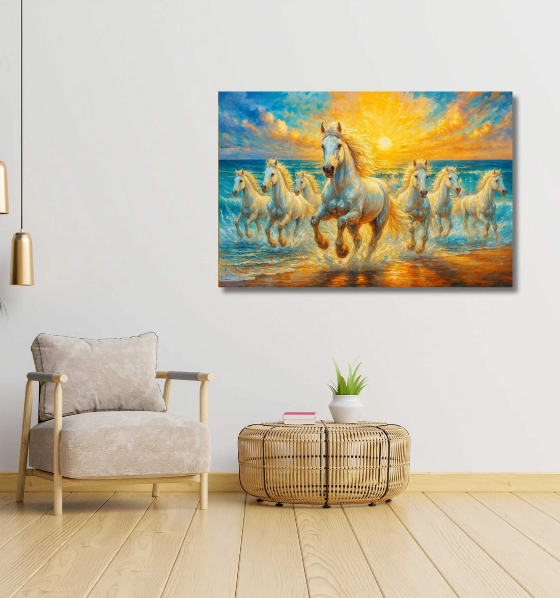 KunjCart 7 Horses Painting with Rising Sun & Ocean Waves – Premium 380 GSM HD Canvas | 7 Horse Canvas Painting for Vastu, Home & Office Wall Décor | 7 Running Horse Painting for Positivity, Speed & Success