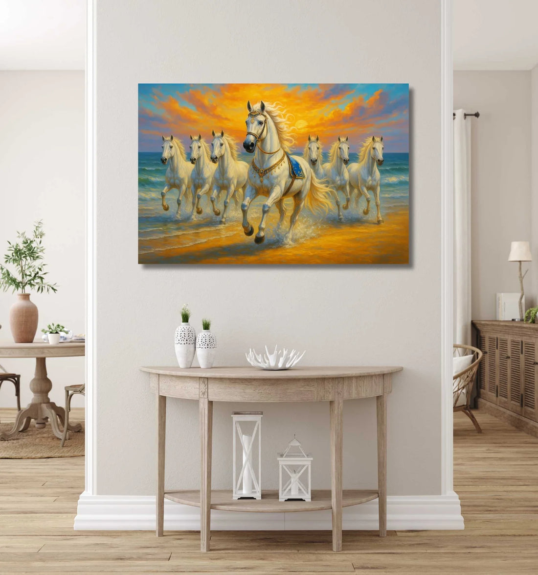 7 Horses Painting with Rising Sun – White Horse Canvas Wall Art for Vastu, Home & Office Decoration | Premium 380 GSM HD Waterproof Print | KunjCart 7 Horses Painting Vastu for Positivity, Success & Elegant Interior Design