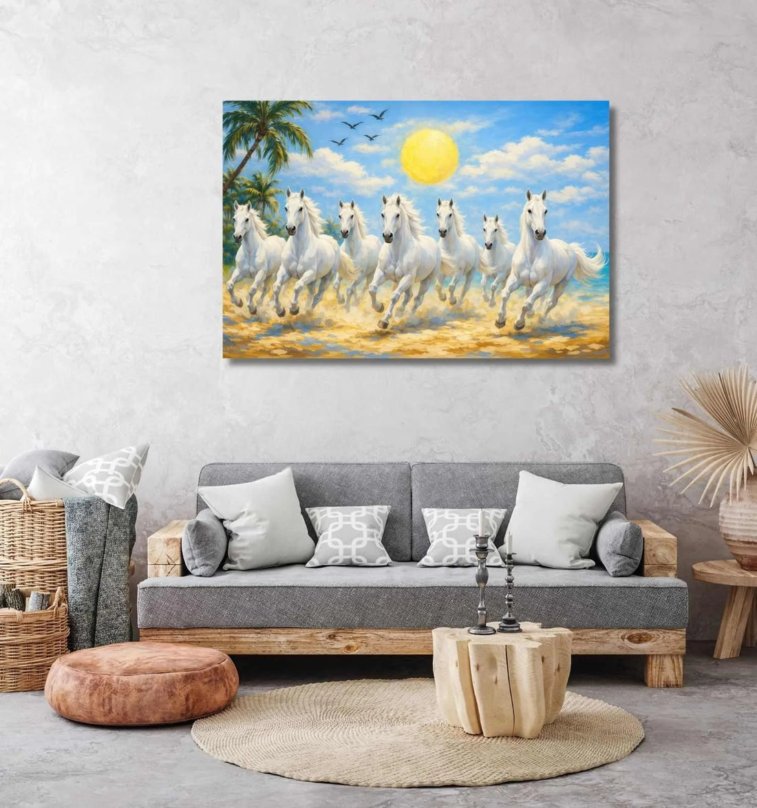 KunjCart White 7 Running Horses Painting with Tropical Beach, Palm Tree & Shining Sun, 7 Horses Vastu Painting Canvas Wall Art