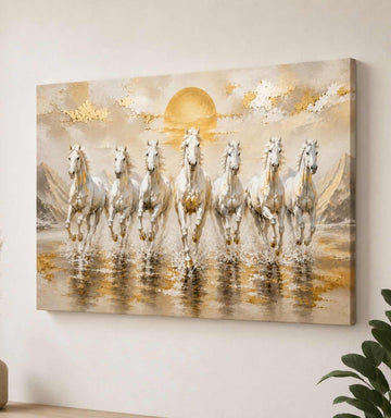 Running Horse Painting With Frame | 7 Horse Painting With Frame For Vastu, Golden Canvas – KunjCart