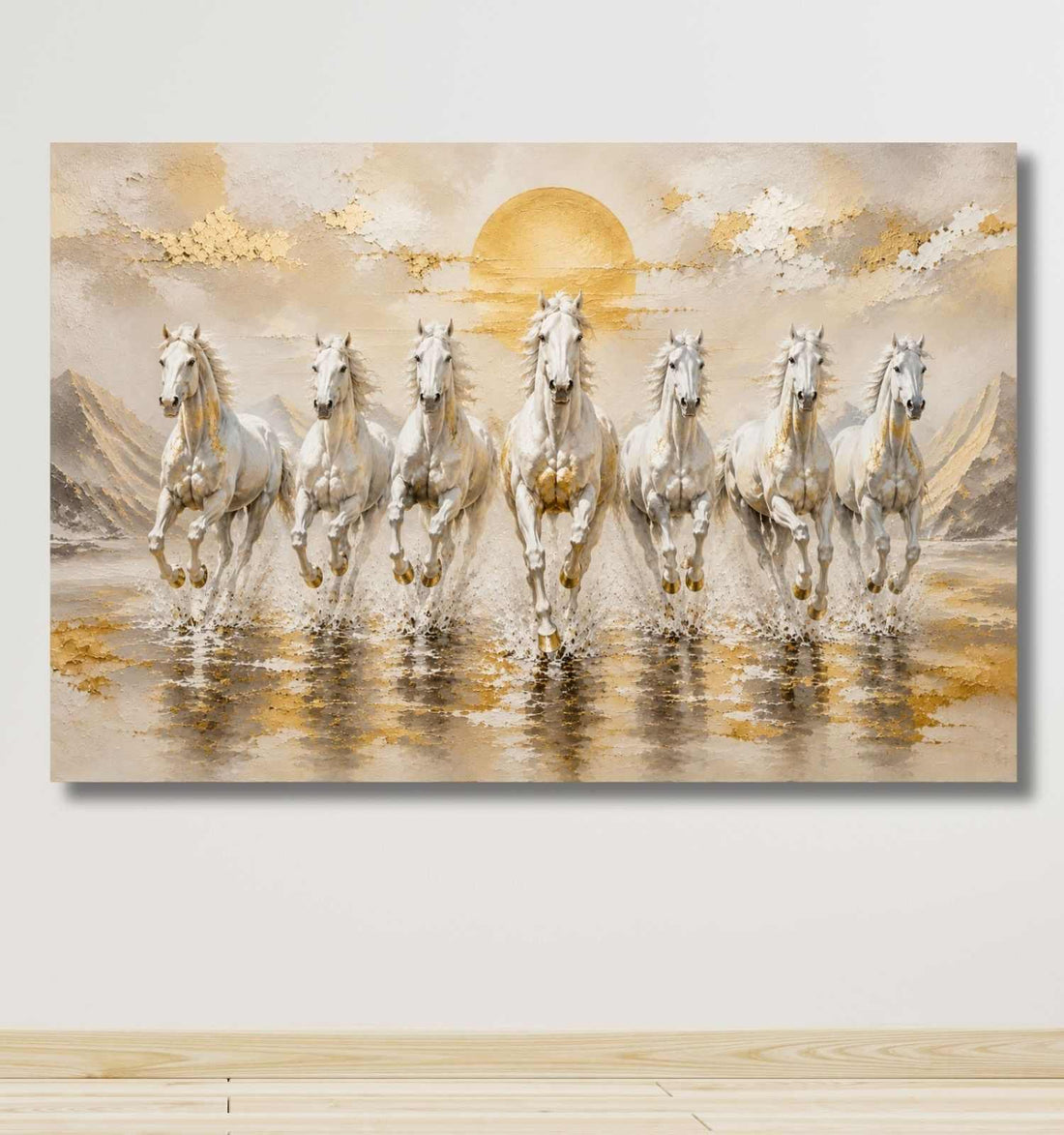 Running Horse Painting With Frame | 7 Horse Painting With Frame For Vastu, Golden Canvas – KunjCart