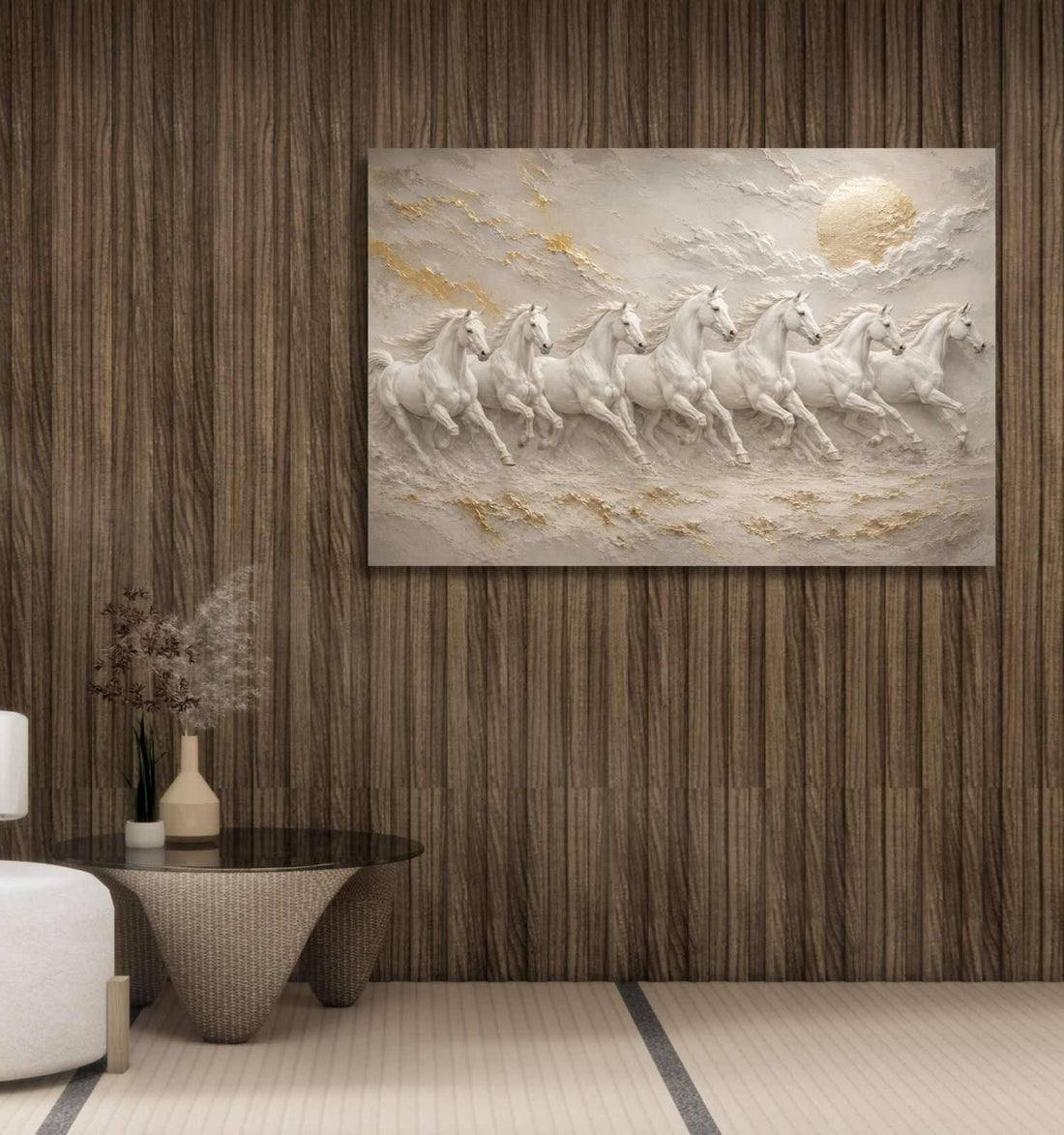 7 Horse Painting With Frame For Vastu | White Horse Painting, Golden Moon Wall Decor | KunjCart