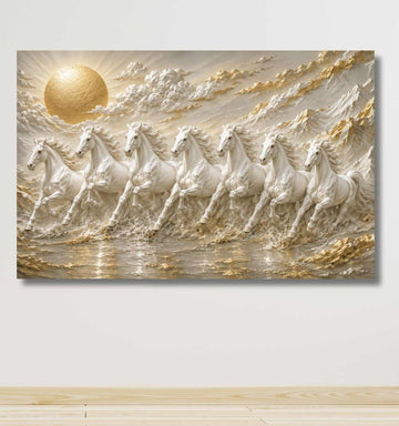 7 Horse Painting With Frame For Vastu | White Horse Painting, Golden Sun Wall Decor | KunjCart