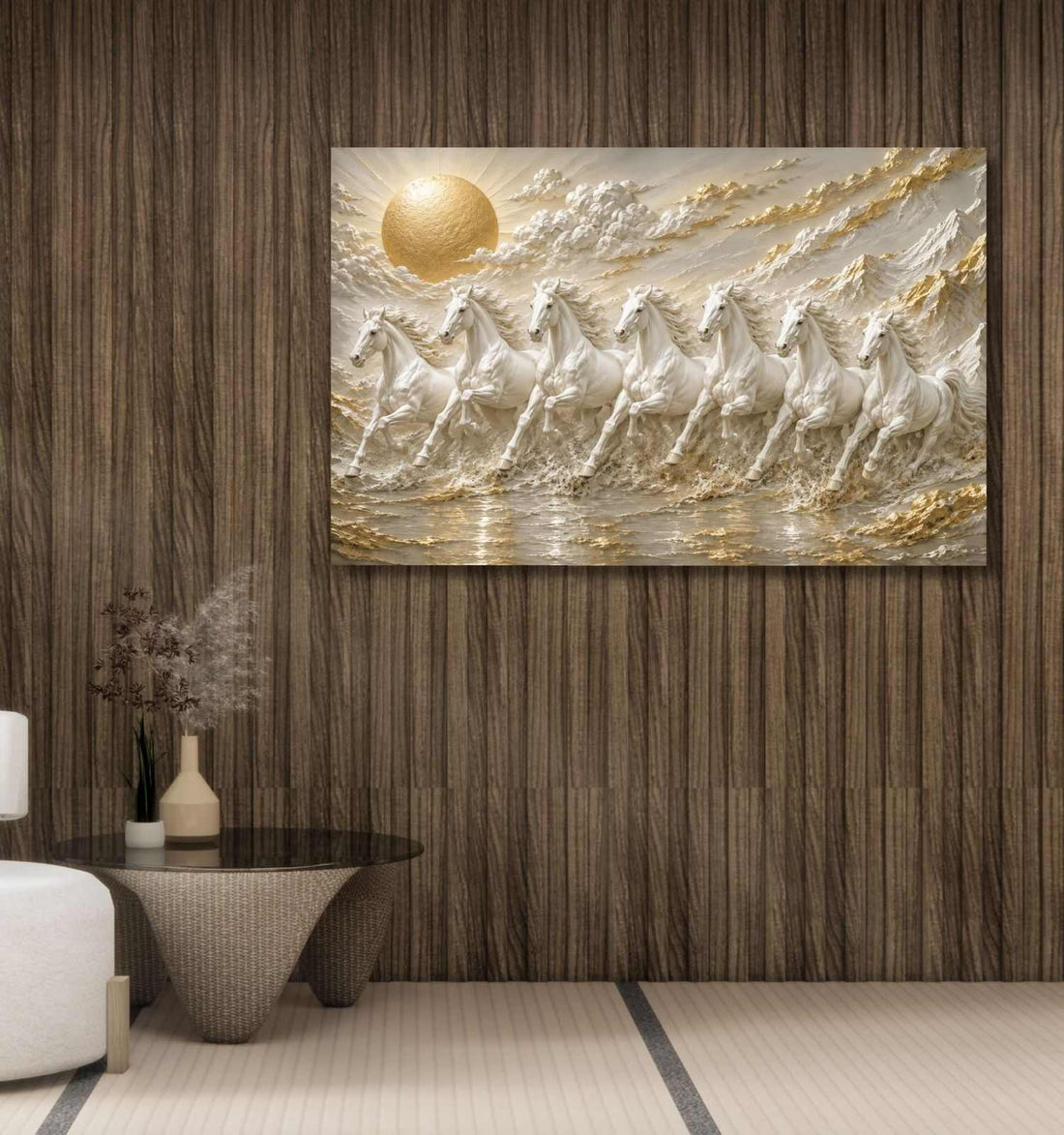 7 Horse Painting With Frame For Vastu | White Horse Painting, Golden Sun Wall Decor | KunjCart