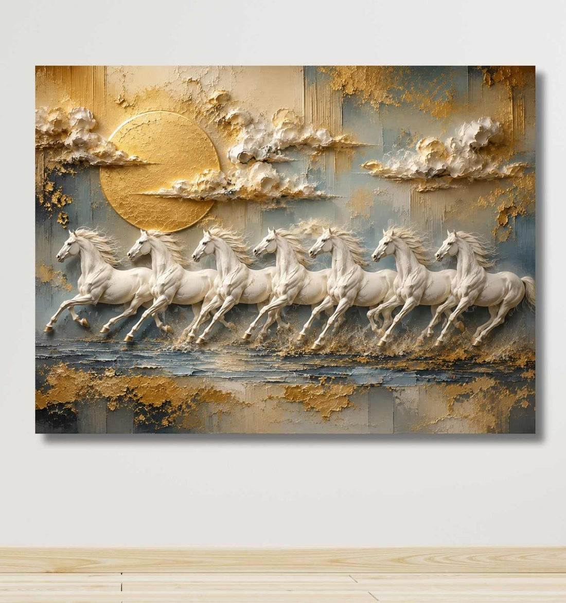 7 Horse Painting With Frame For Vastu | White Horses Blue Gold Wall Art For Living Room | KunjCart