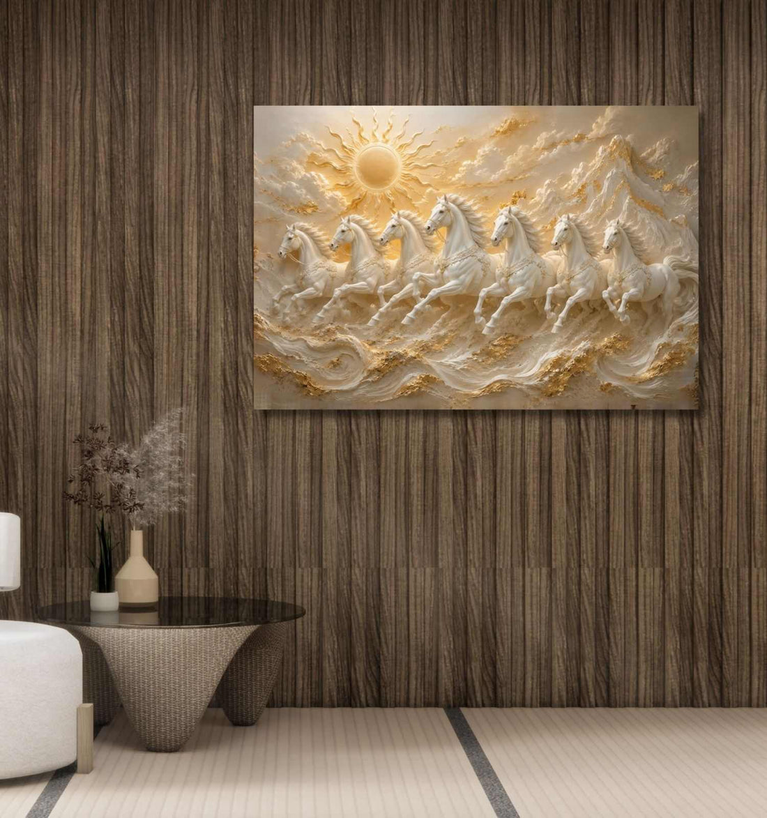 7 Horse Painting With Frame For Vastu | White Horses Golden Sunrise Mountain Wall Art | KunjCart