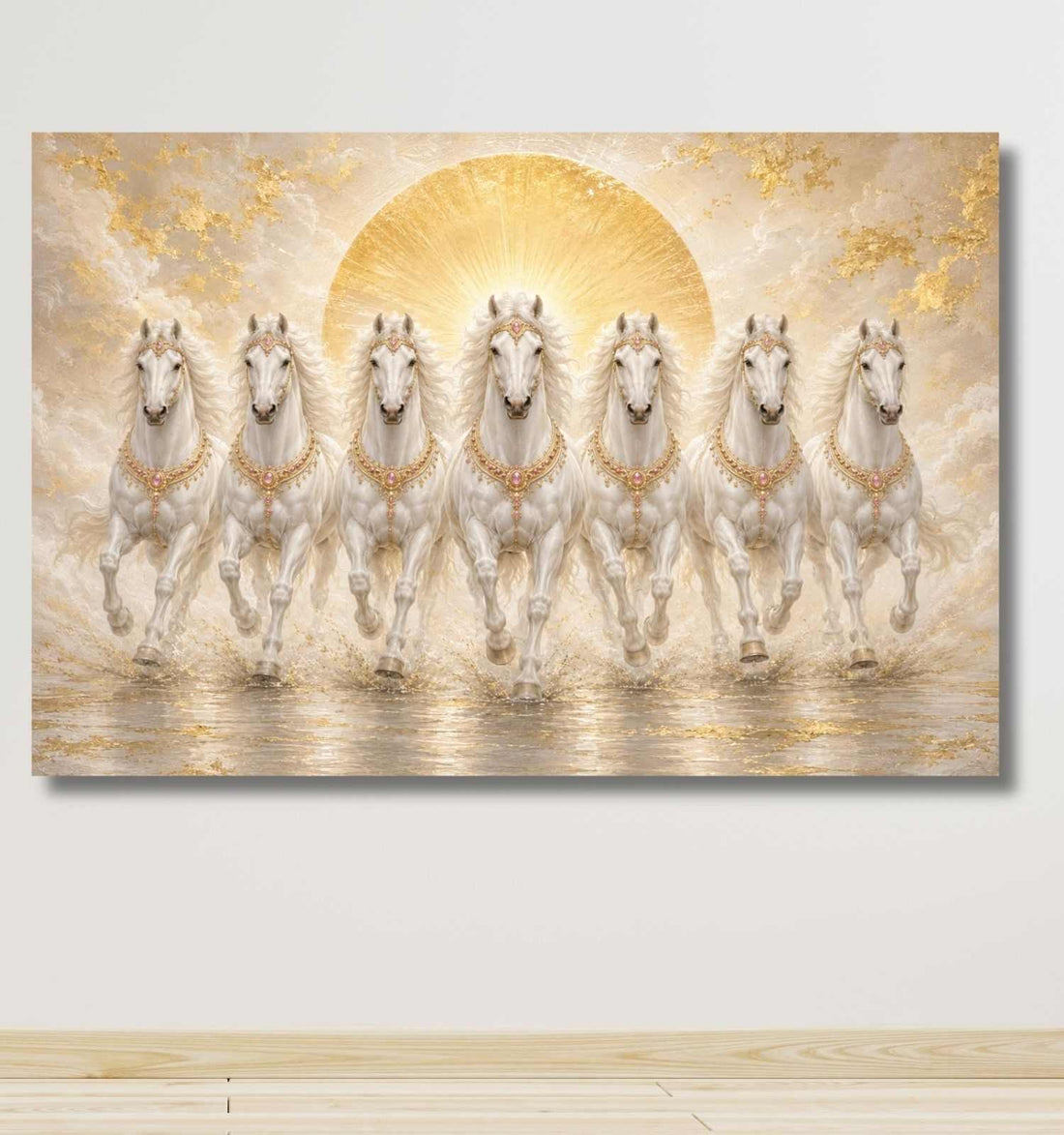 7 Horses Painting | 7 Horse Painting With Frame For Vastu | Golden Sun Canvas Wall Decor | KunjCart