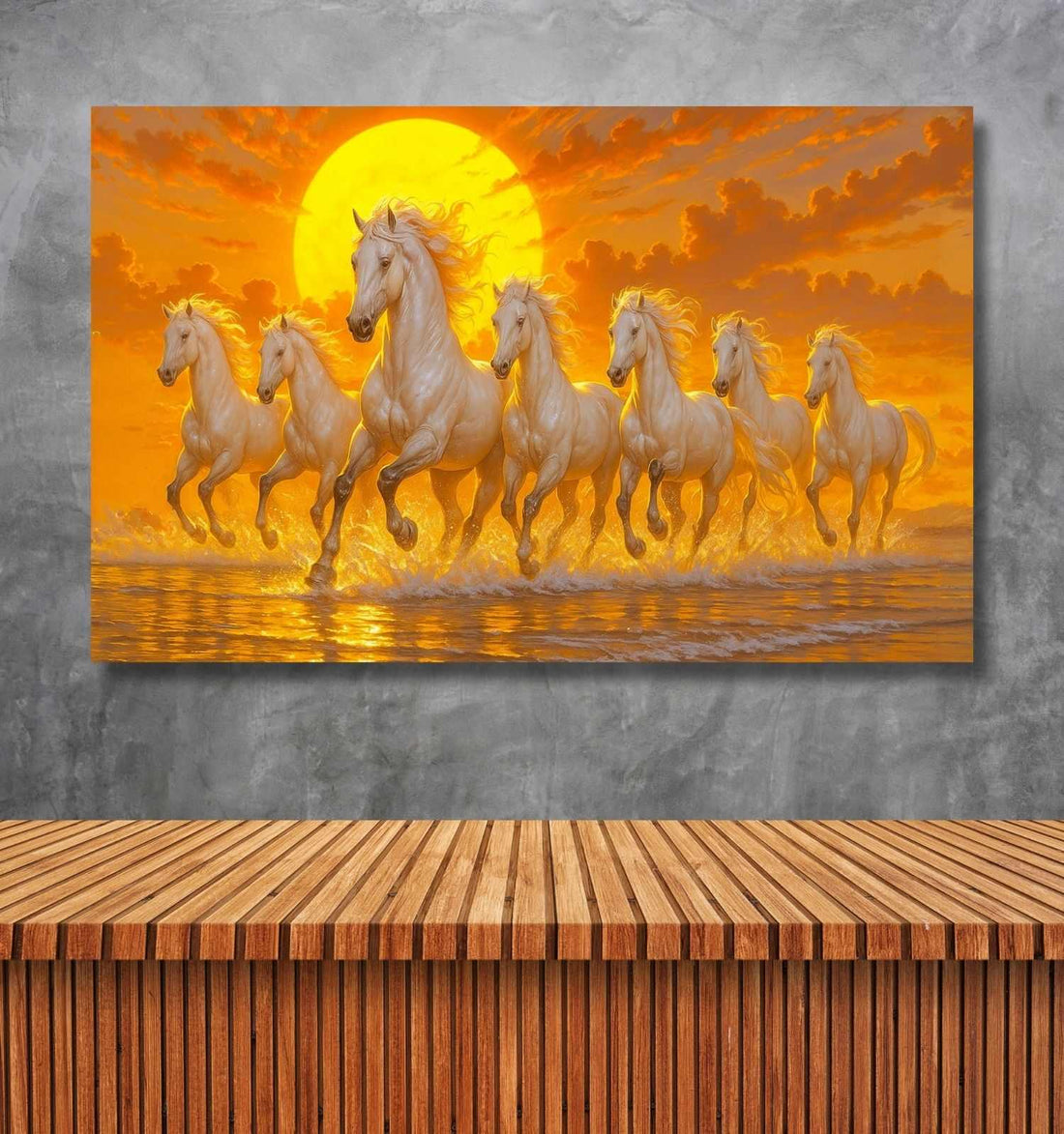 7 Horses Painting | White Horse Painting For Living Room, Golden Sunset Canvas Wall Decor – KunjCart