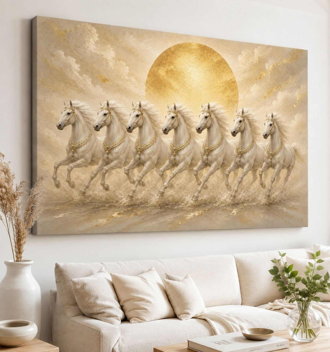 7 Horses Painting | White Horse Painting, Golden Sun Canvas Wall Decor For Living Room | KunjCart