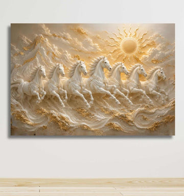 7 Horses Painting | White Horse Painting, Golden Sun Mountain Wall Decor For Living Room | KunjCart