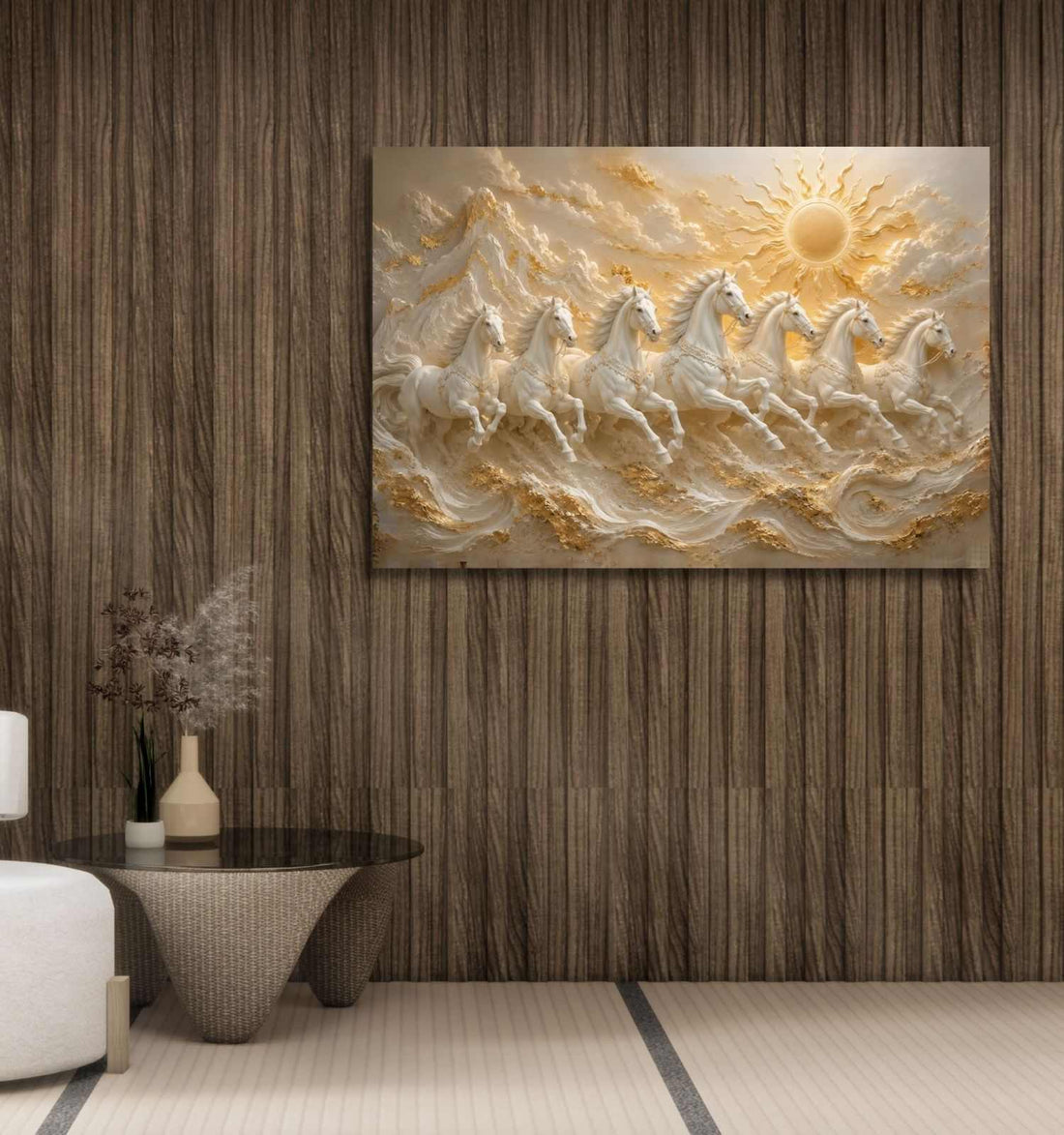 7 Horses Painting | White Horse Painting, Golden Sun Mountain Wall Decor For Living Room | KunjCart