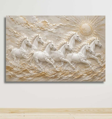 7 Horses Painting | White Horse Painting, Textured Golden Sun Wall Decor For Living Room | KunjCart