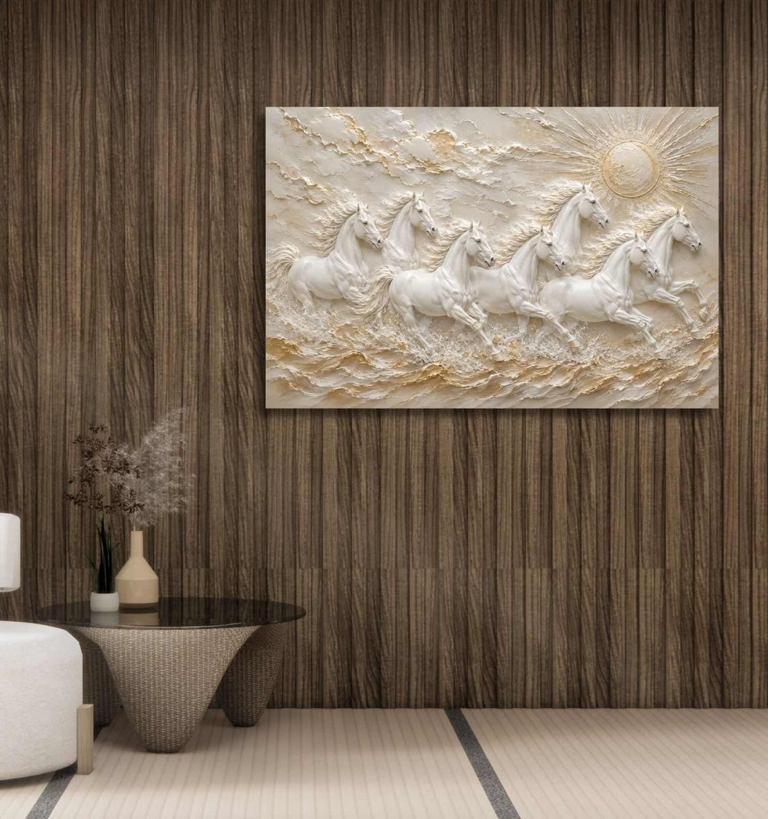 7 Horses Painting | White Horse Painting, Textured Golden Sun Wall Decor For Living Room | KunjCart