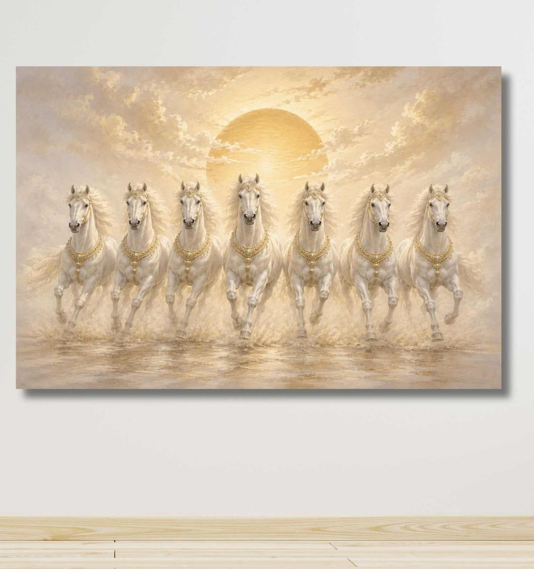 7 Horses Painting | White Horse Painting With Golden Sun, Canvas Wall Decor For Living Room | KunjCart