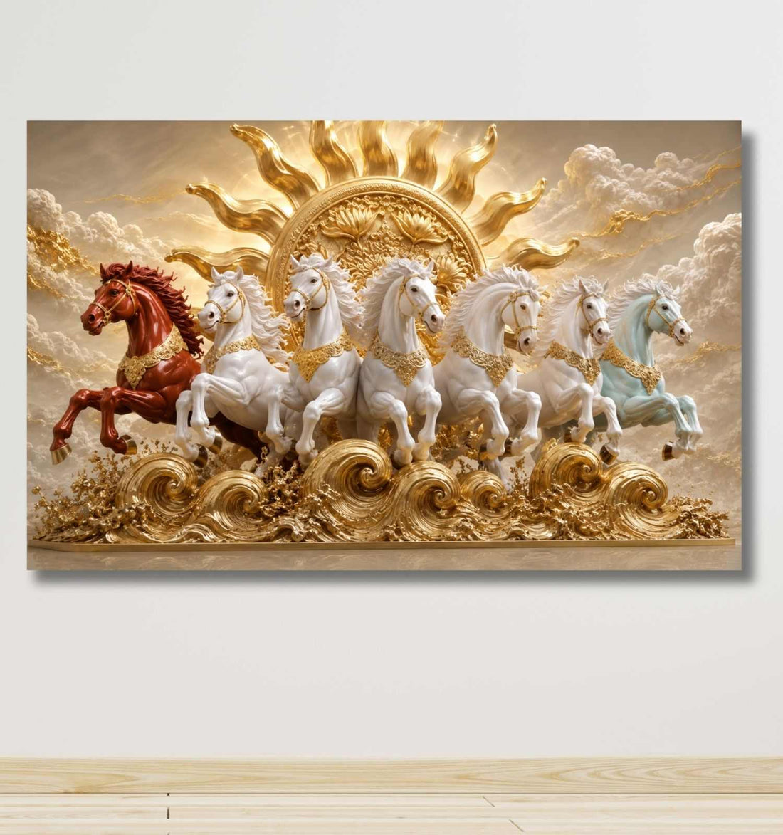 7 Horses Painting | White Horse Painting With Golden Sun Chariot Canvas Wall Decor – KunjCart