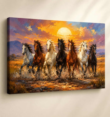 Horse Painting | Running Horse Painting With 7 Horses & Golden Sunset Wall Decor – KunjCart