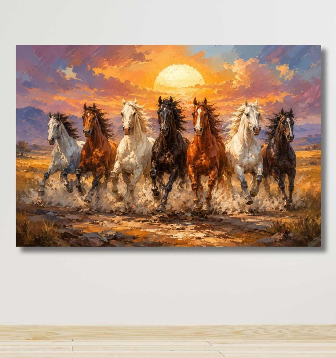 Horse Painting | Running Horse Painting With 7 Horses & Golden Sunset Wall Decor – KunjCart