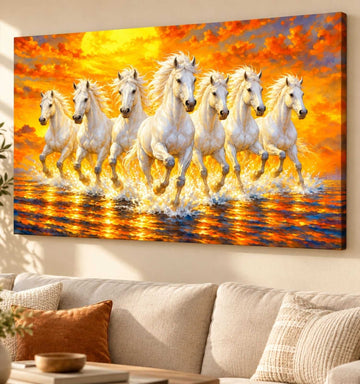 KUNJ CART – 7 Running Horses Vastu Painting for Wall Decor | White Horse Canvas Painting with Golden Sunset & Ocean Reflection