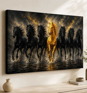 7 Running Horses Painting | Black & Golden Horses in Stormy Clouds | 7 Horse Canvas Painting for Home & Office Wall Decor