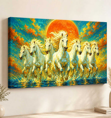 KUNJ CART – 7 Running Horses Painting for Wall Decoration | White Horse Canvas Painting with Golden Sunset
