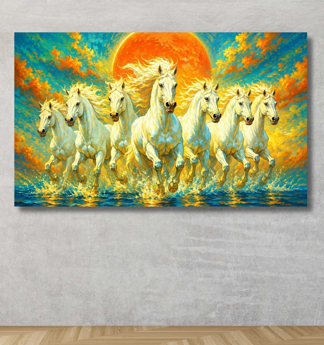 KUNJ CART – 7 Running Horses Painting for Wall Decoration | White Horse Canvas Painting with Golden Sunset