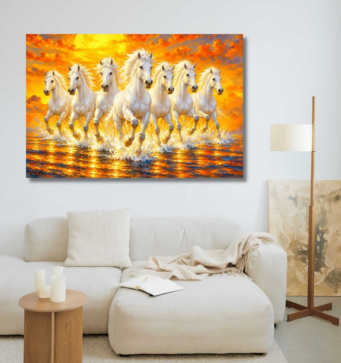 KUNJ CART – 7 Running Horses Vastu Painting for Wall Decor | White Horse Canvas Painting with Golden Sunset & Ocean Reflection