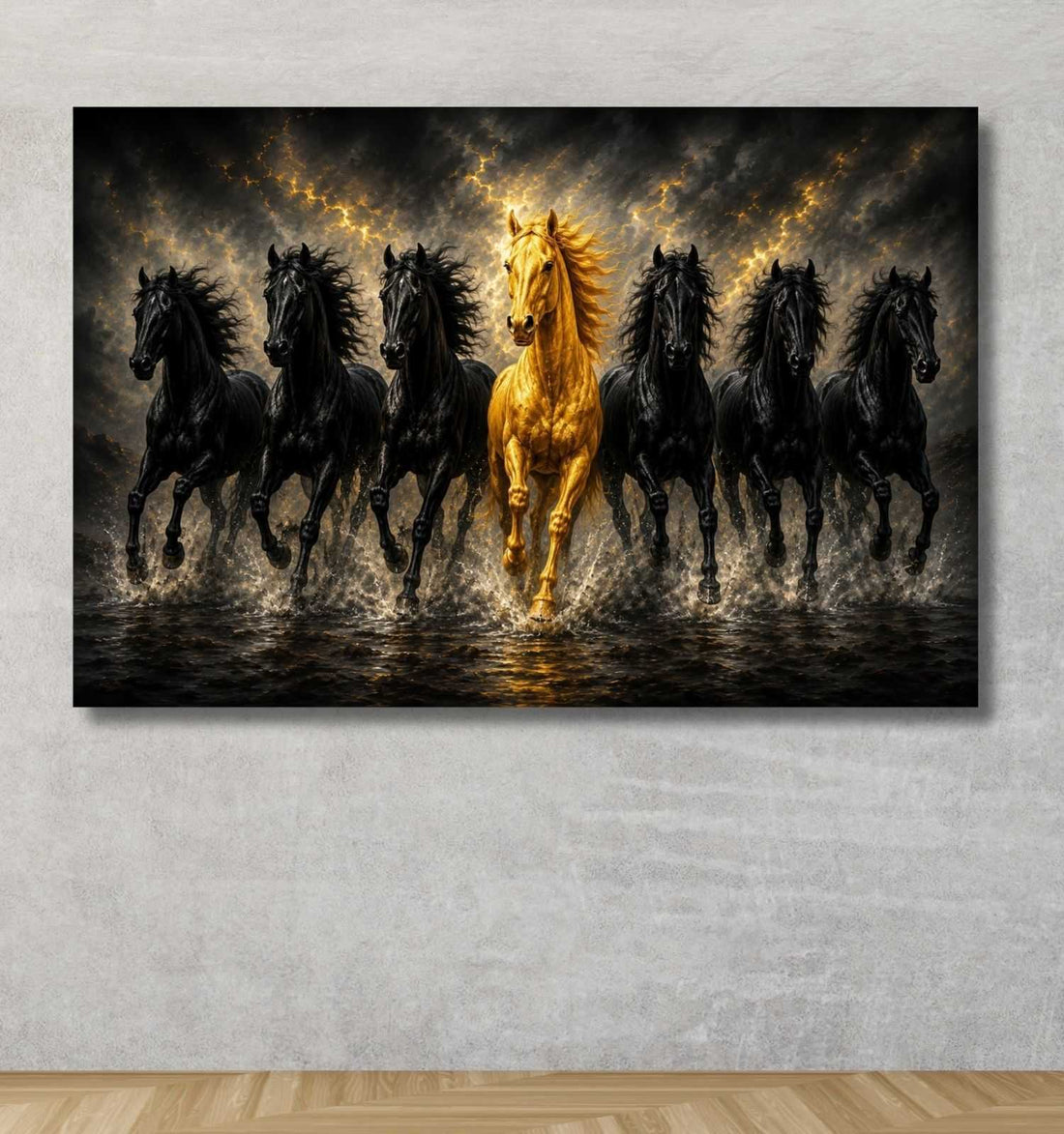 7 Running Horses Painting | Black & Golden Horses in Stormy Clouds | 7 Horse Canvas Painting for Home & Office Wall Decor