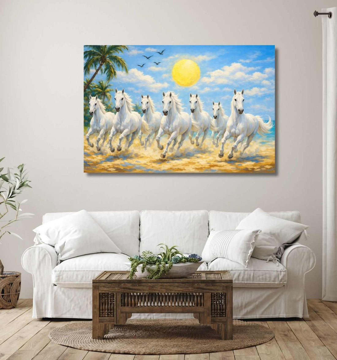 Horse Painting For Wall Decoration 7 Horses Painting Galloping Beach Sunrise Living Room KunjCart