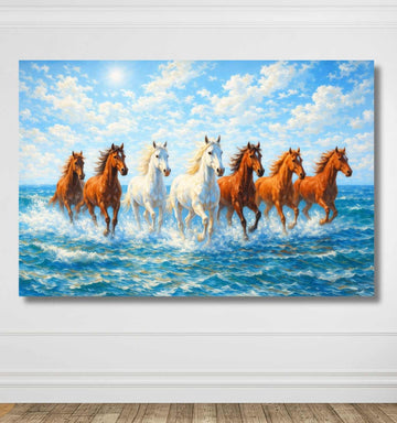 Horse Painting 7 Running Horses In Ocean Waves With Blue Sky For Living Room Wall Decor KunjCart