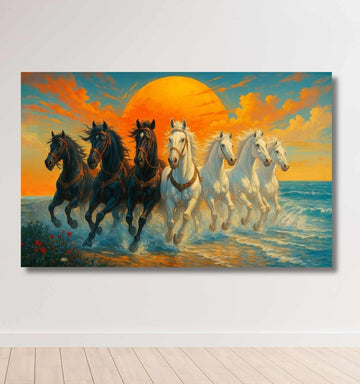 Horse Painting For Wall Decoration | 7 Horses Painting With Sunset & Ocean Waves – KunjCart