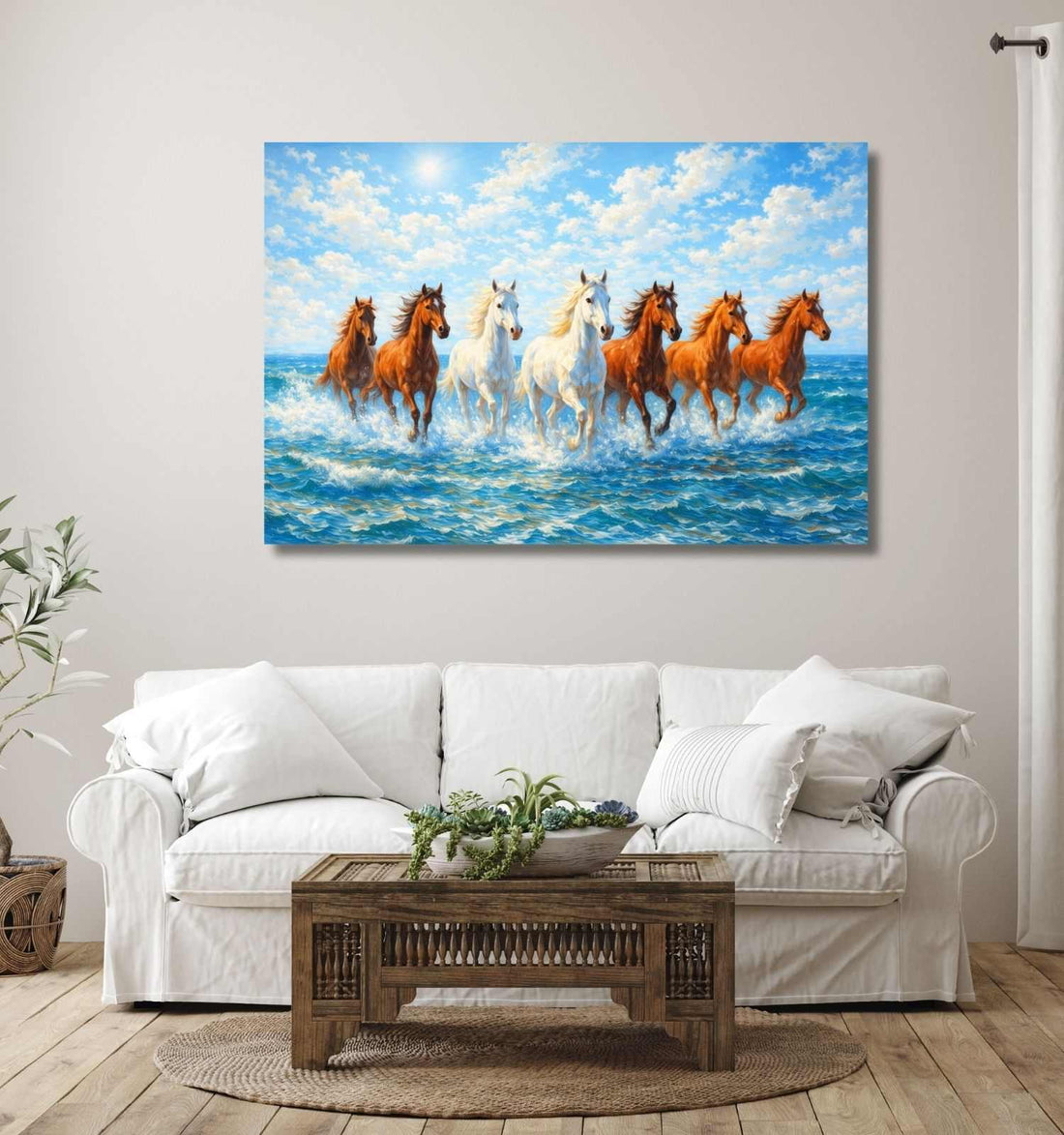 Horse Painting 7 Running Horses In Ocean Waves With Blue Sky For Living Room Wall Decor KunjCart