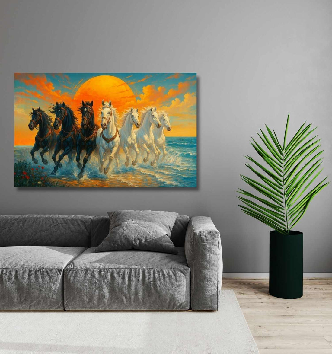 Horse Painting For Wall Decoration | 7 Horses Painting With Sunset & Ocean Waves – KunjCart