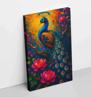 Abstract Peacock Painting For Wall Vastu | HD Canvas Print With Bright Colors, Sunset Glow & Floral Design | Dancing Peacock Canvas Art For Home & Office