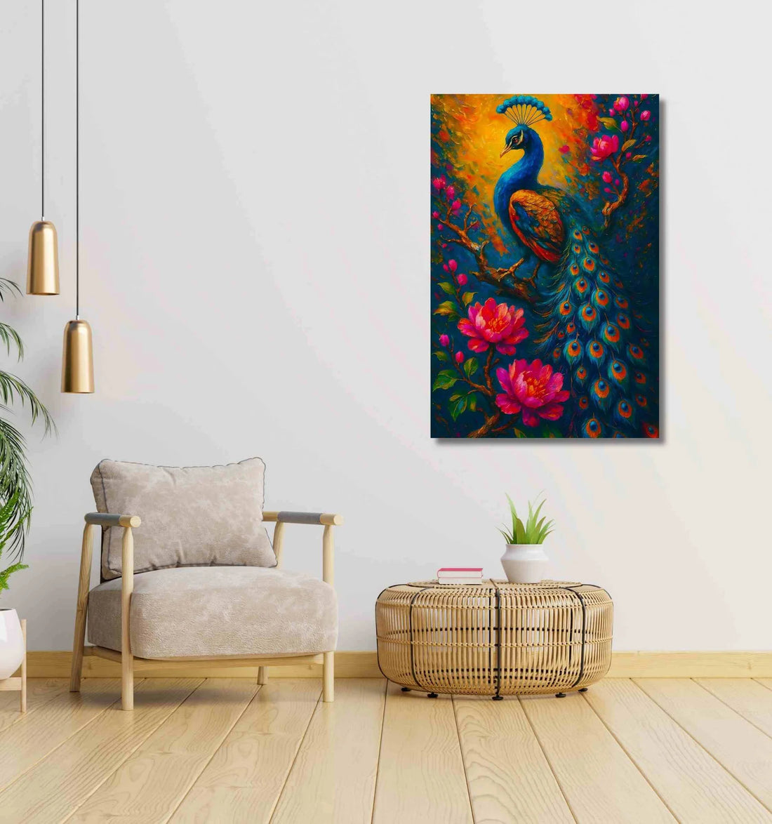 Abstract Peacock Painting For Wall Vastu | HD Canvas Print With Bright Colors, Sunset Glow & Floral Design | Dancing Peacock Canvas Art For Home & Office