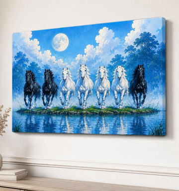 Running Horse Painting With Frame | 7 Horses Painting Under Full Moon Blue Canvas – KunjCart