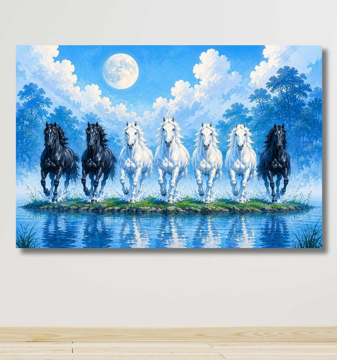 Running Horse Painting With Frame | 7 Horses Painting Under Full Moon Blue Canvas – KunjCart