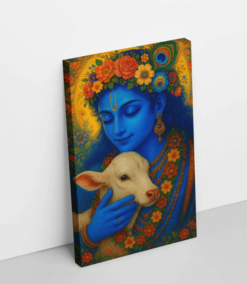 Lord Krishna Painting With Cow in Floral Garland and Peacock Crown | Vibrant Blue and Yellow Canvas Art for Home Vastu Décor by KunjCart | Radha Krishna Wall Painting