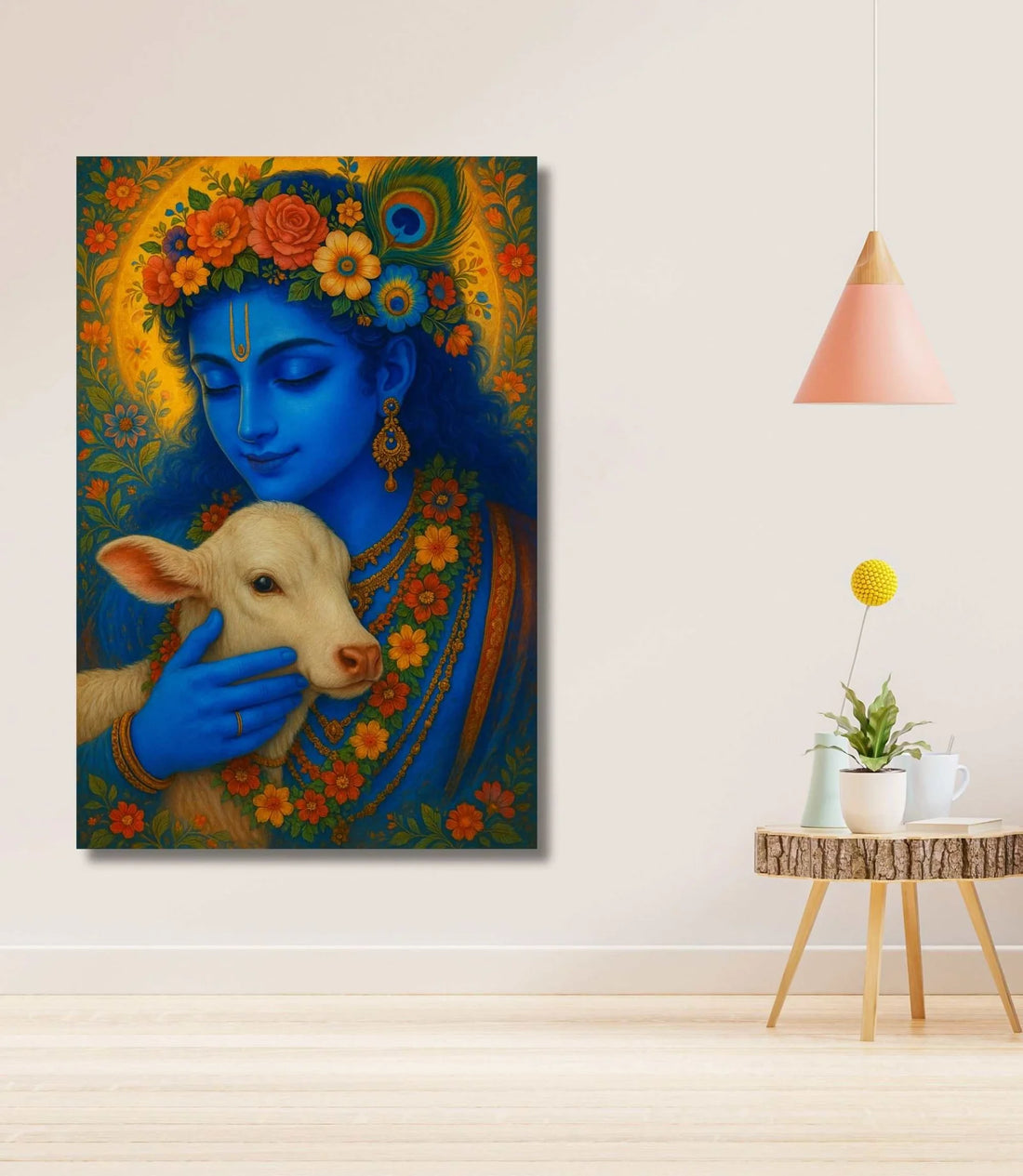 Lord Krishna Painting With Cow in Floral Garland and Peacock Crown | Vibrant Blue and Yellow Canvas Art for Home Vastu Décor by KunjCart | Radha Krishna Wall Painting